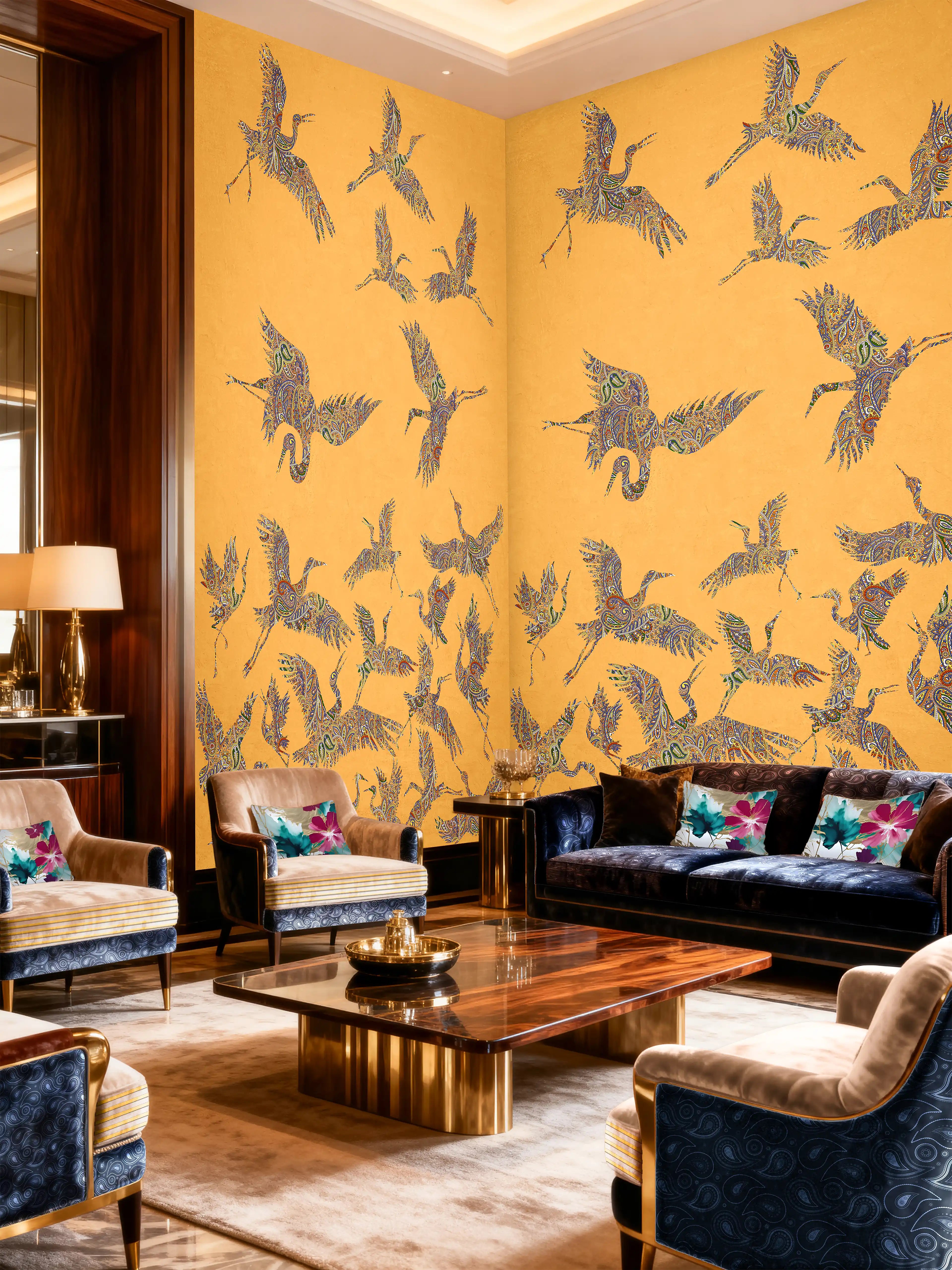 Luxurious living room with yellow walls featuring bird patterns, dark blue sofas, and decorative pillows.