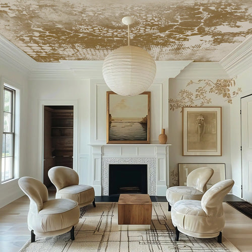 Living room with beige chairs, a fireplace, and decorative ceiling.