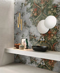 Modern bathroom with floral wallpaper, white sink, and decorative elements.