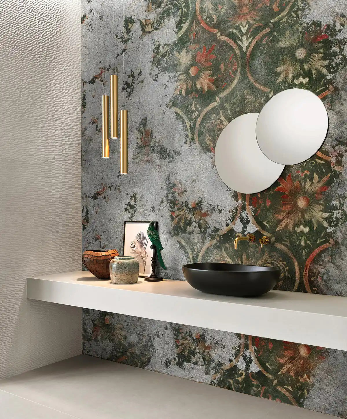 Modern bathroom with floral wallpaper, white sink, and decorative elements.