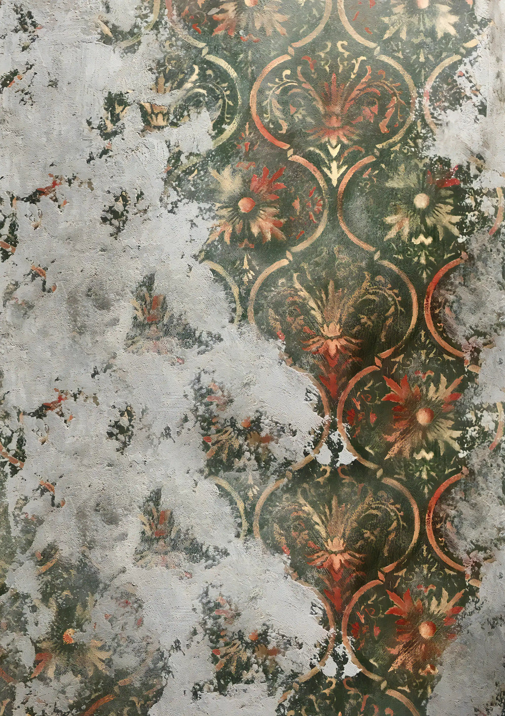 Decorative wallpaper with intricate floral and leaf patterns in green, red, and gold on a textured white background.