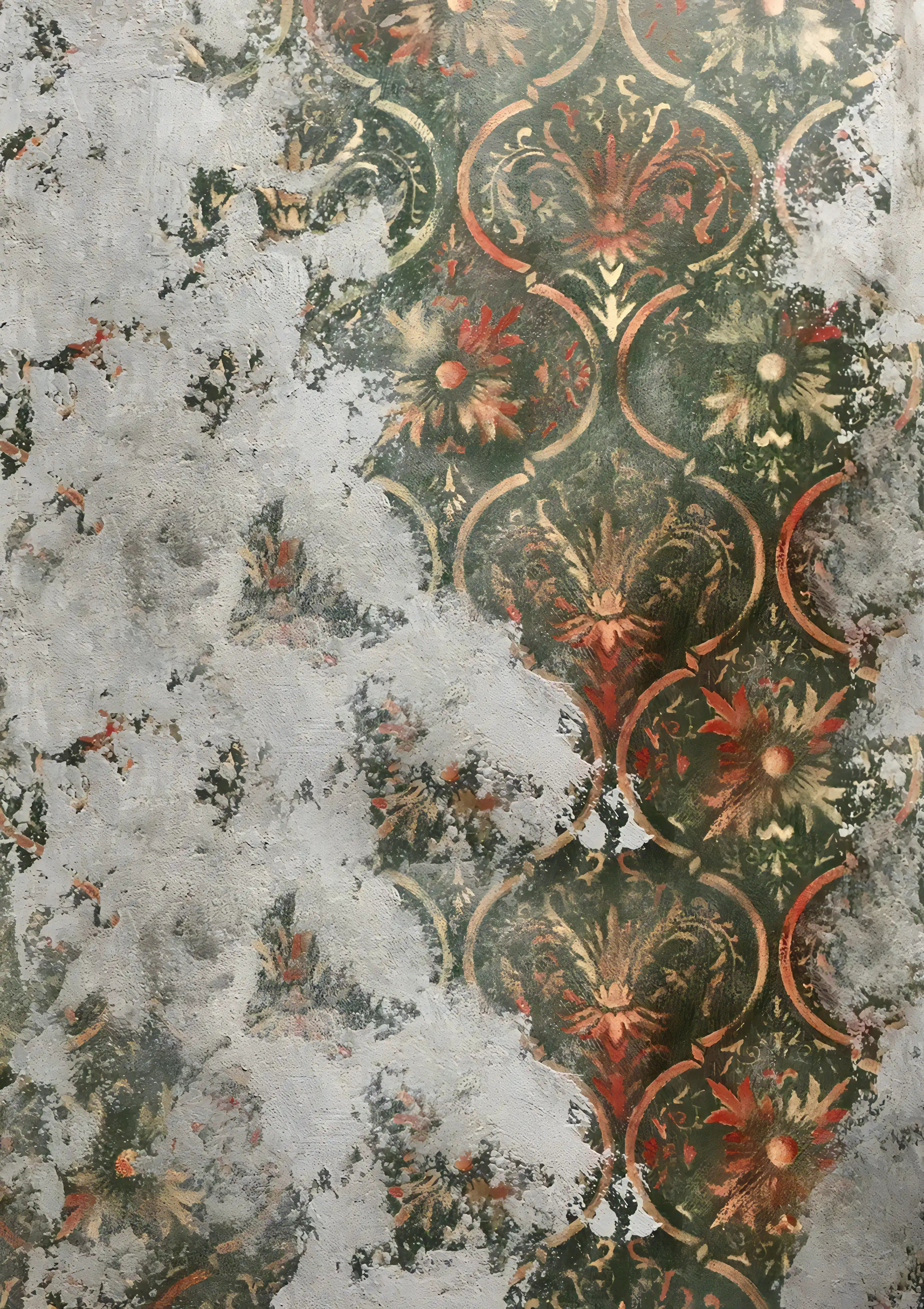 Decorative wallpaper with intricate floral and leaf patterns in green, red, and gold on a textured white background.