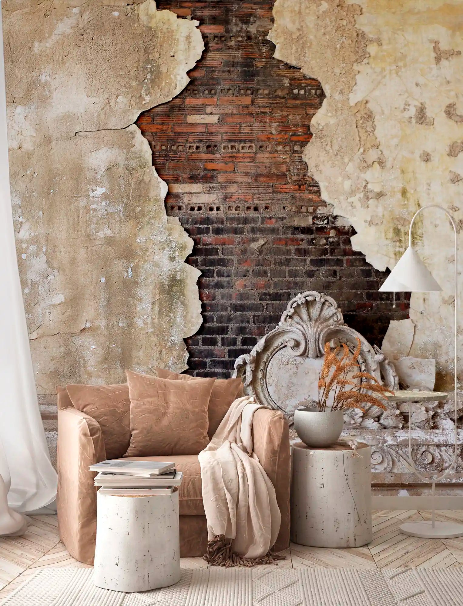 Living room with rustic wall design featuring exposed brick and concrete elements.