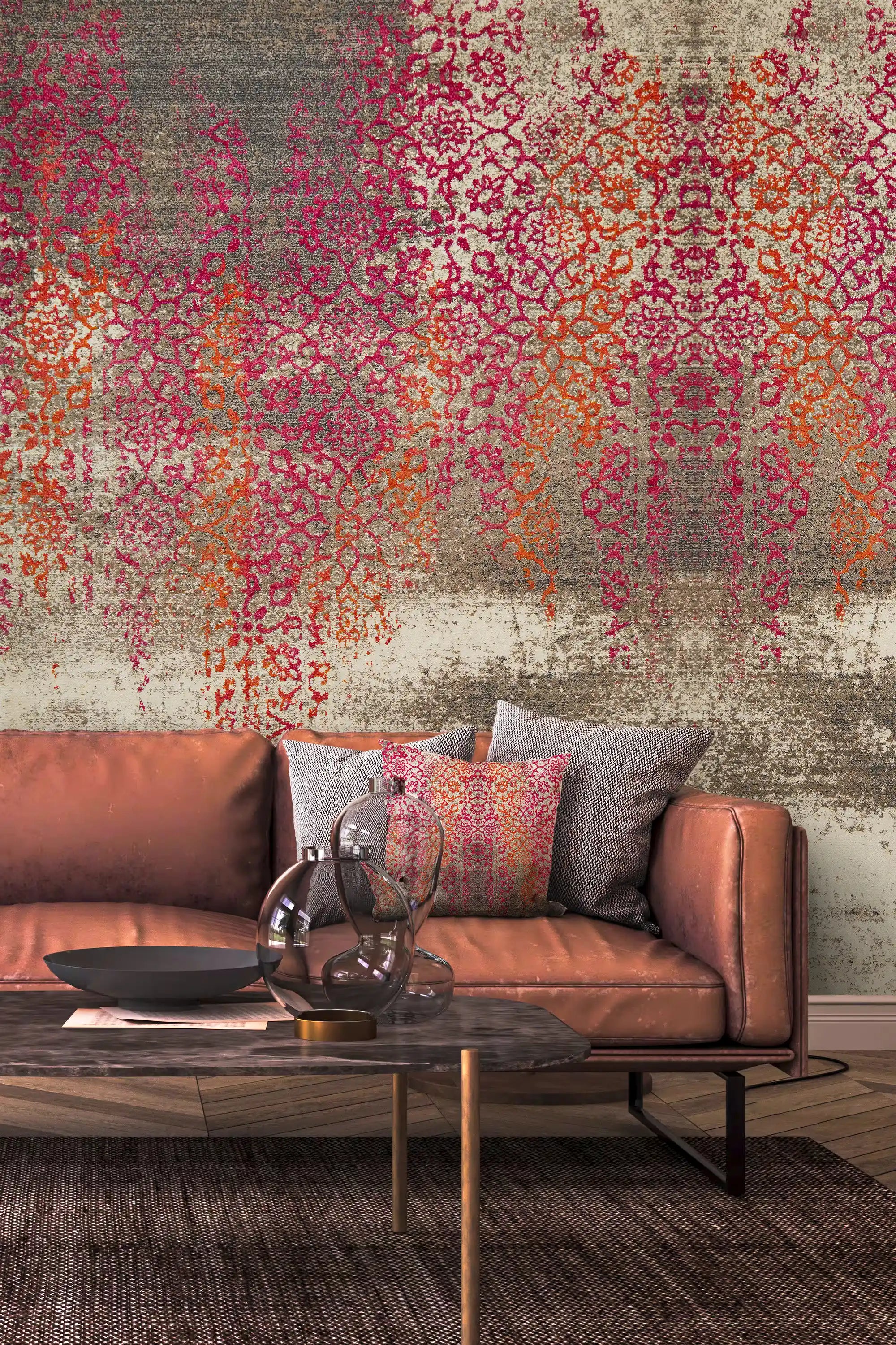 Living room with a brown leather sofa against a patterned wall.