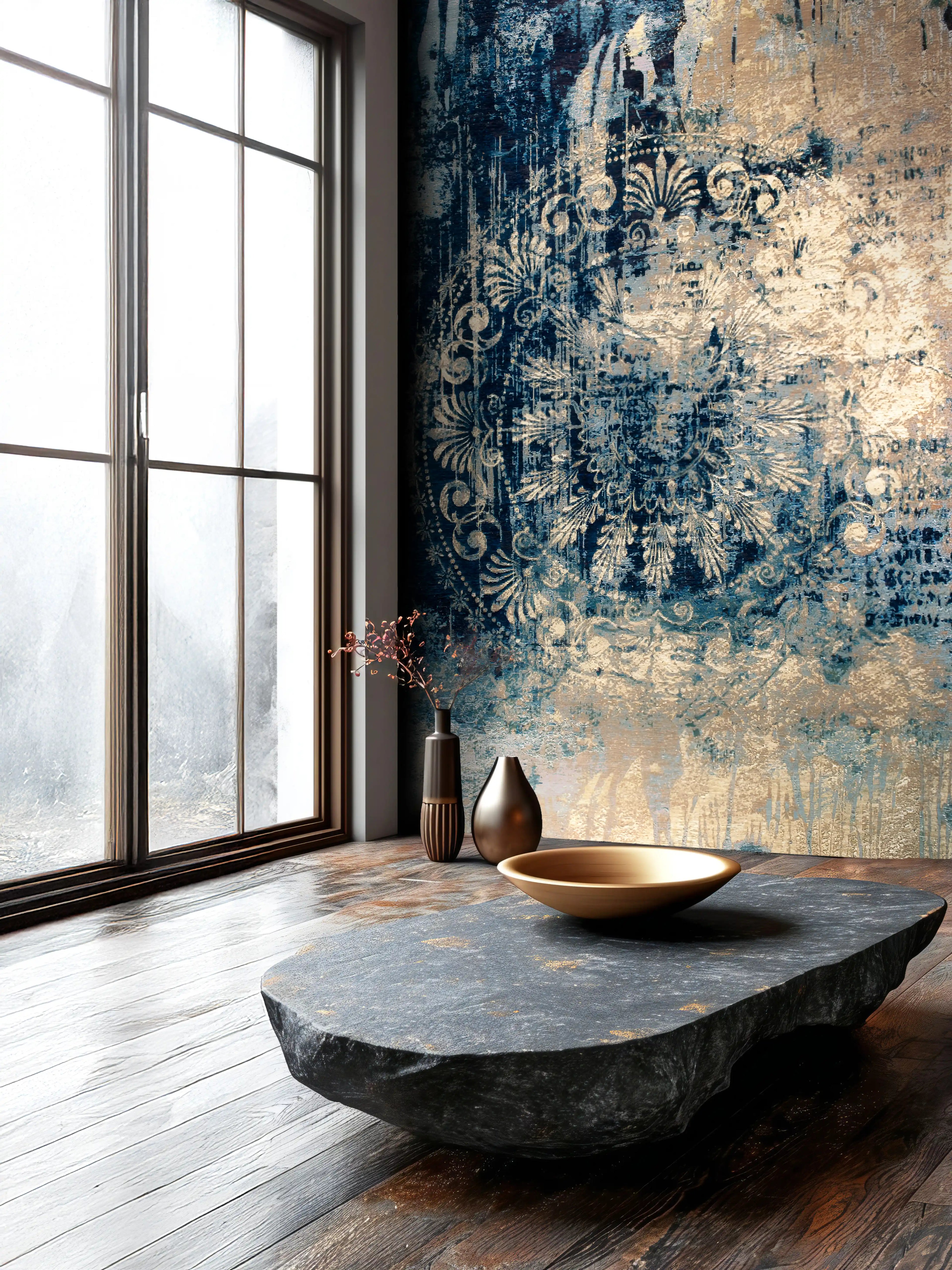 Modern interior with a decorative wall, stone table, and gold bowl.