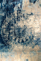 Decorative rug with intricate patterns in blue and beige tones