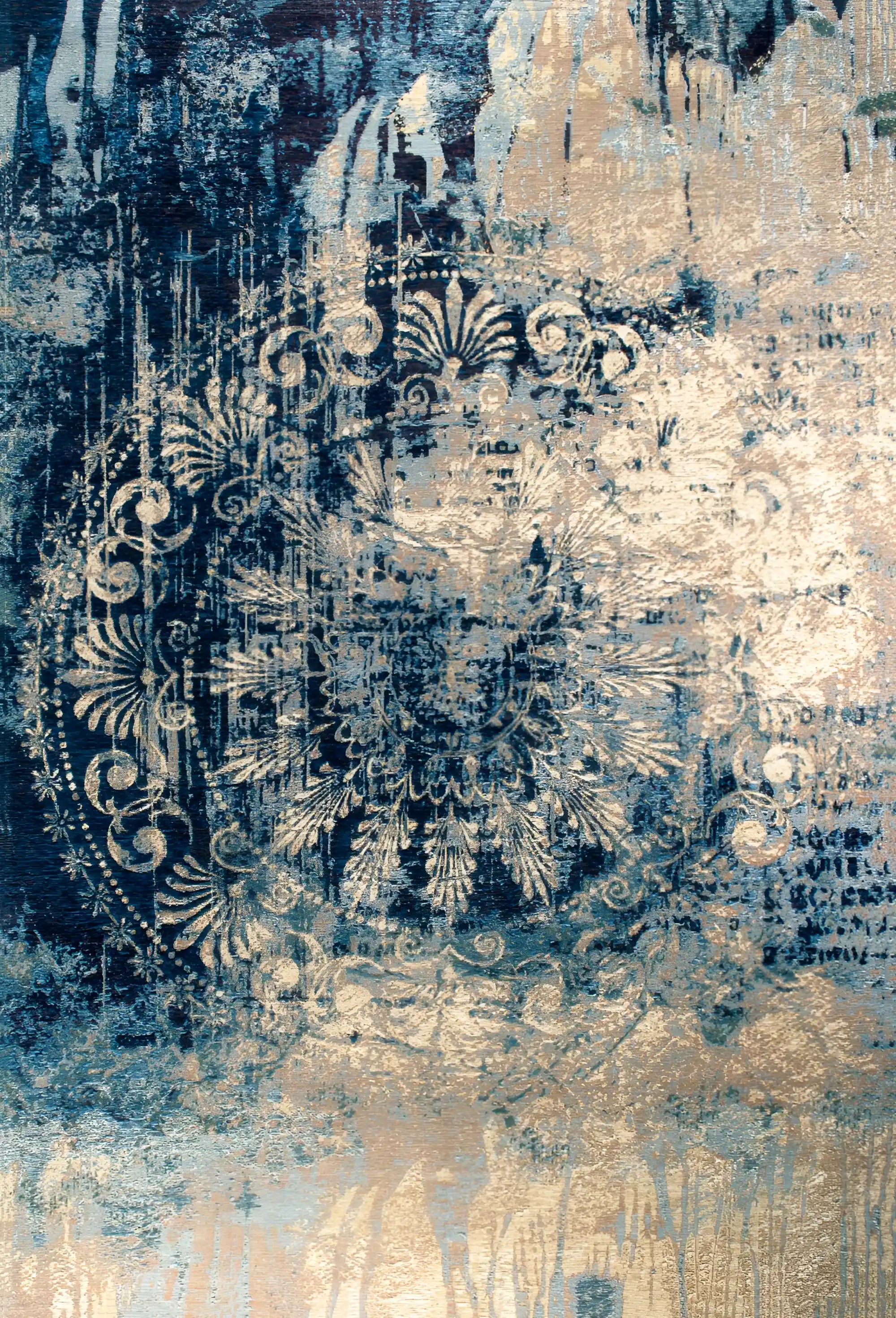 Decorative rug with intricate patterns in blue and beige tones