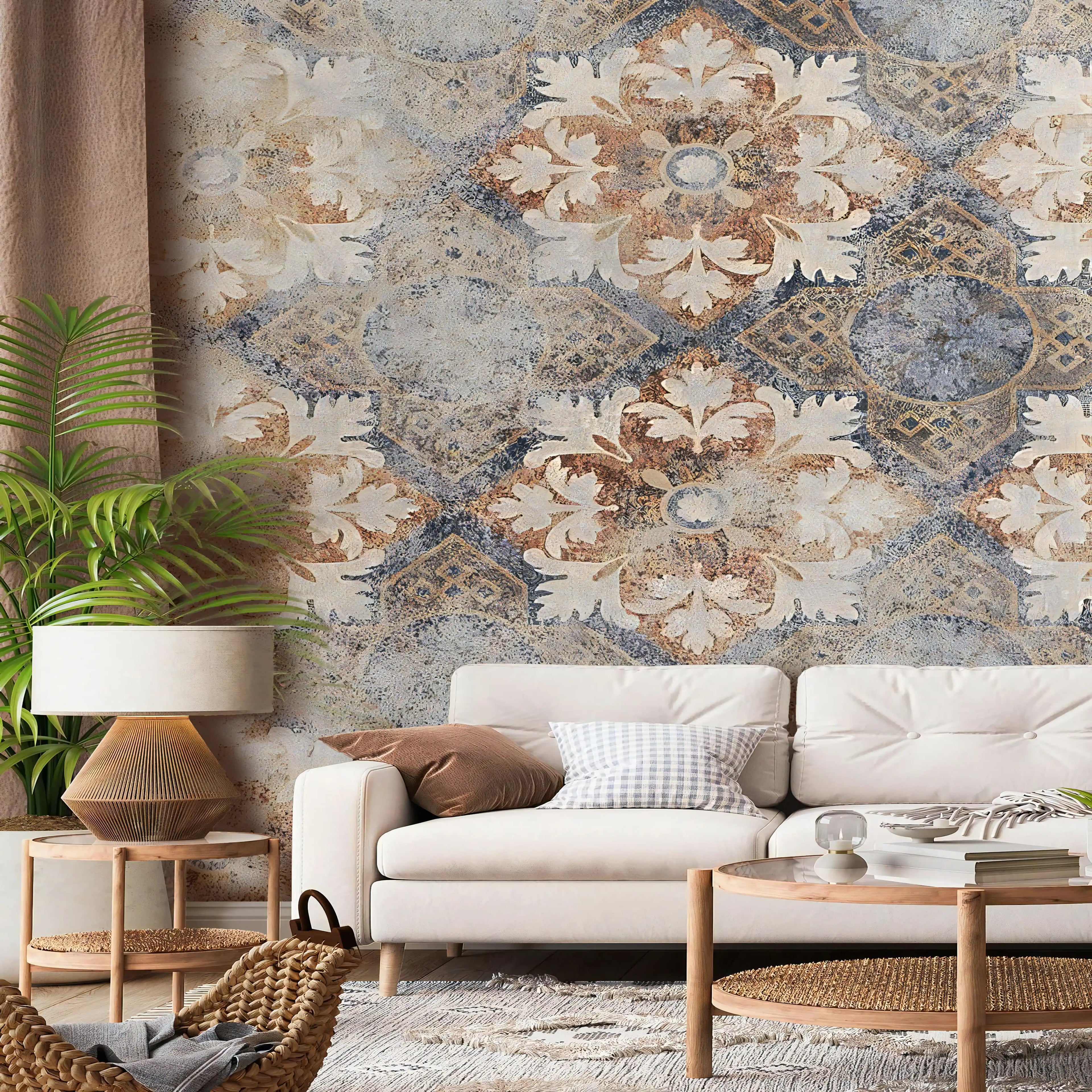 Living room with decorative wallpaper, white sofa, and wooden coffee table.