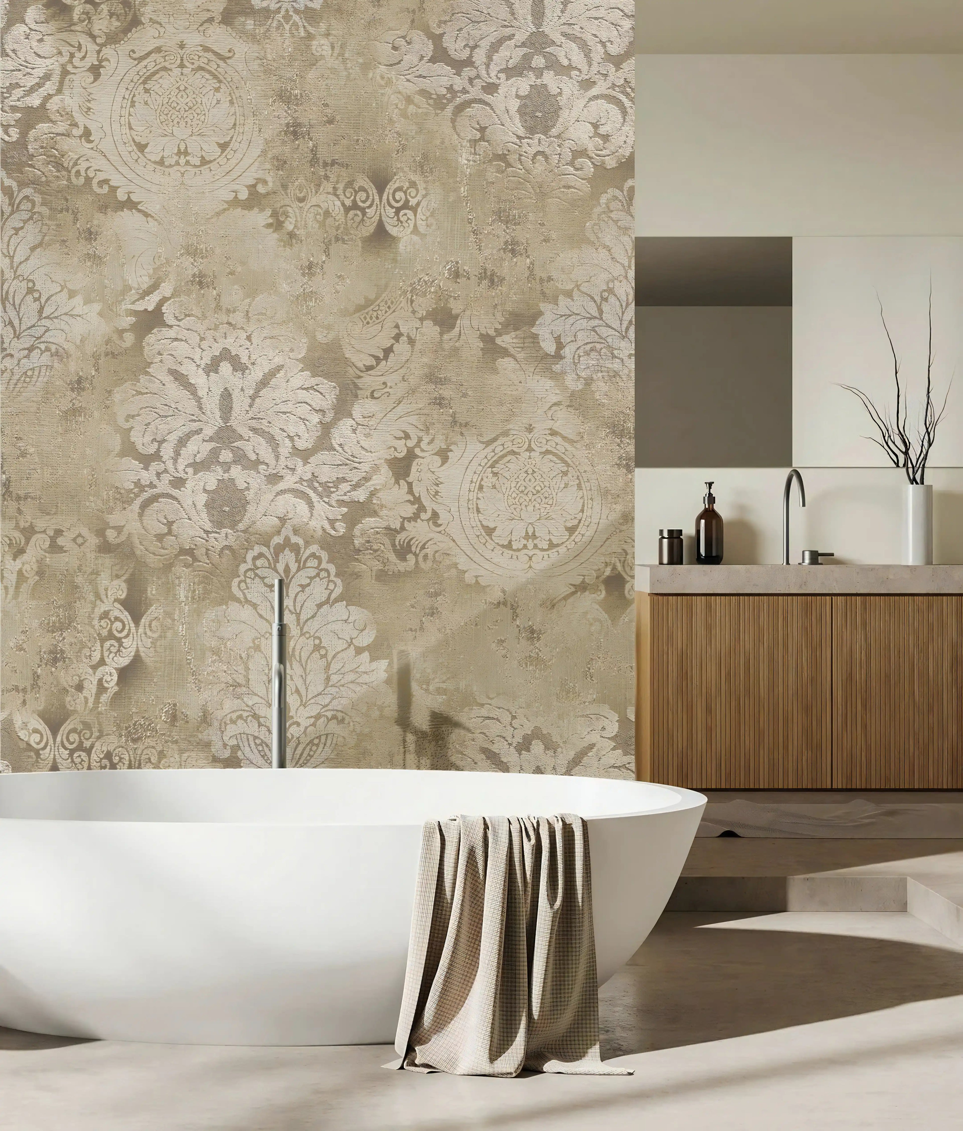 Modern bathroom with a freestanding bathtub, decorative wall paper, and wooden vanity.