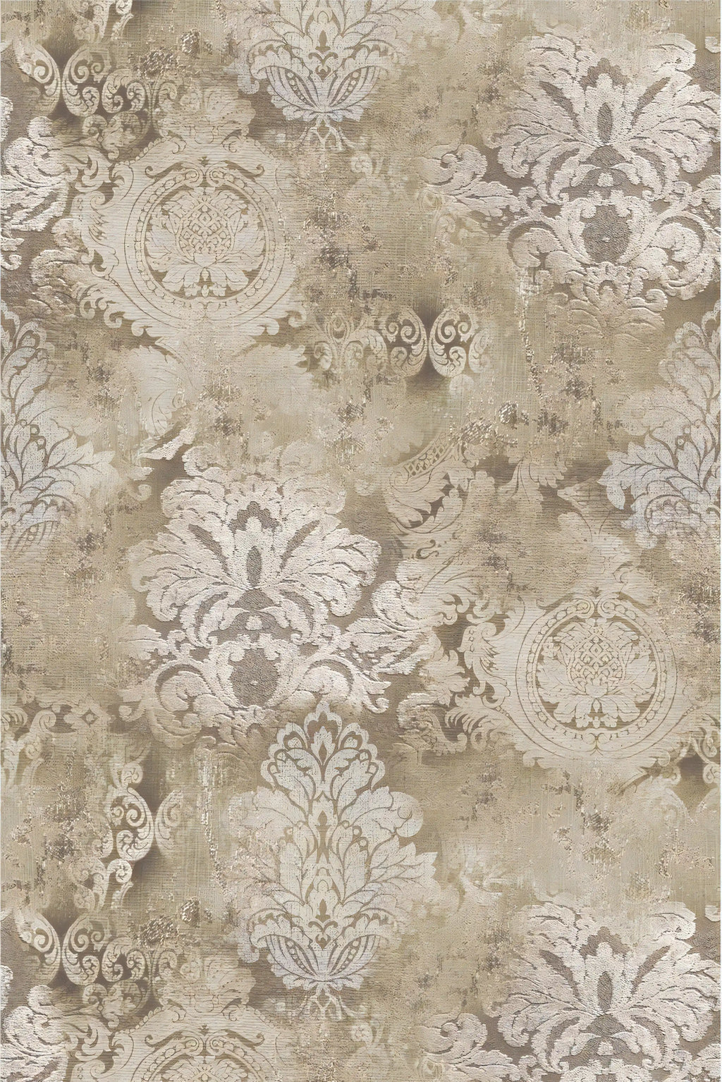 Decorative wallpaper with intricate patterns in beige and brown tones.
