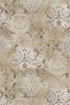 Decorative wallpaper with intricate patterns in beige and brown tones.