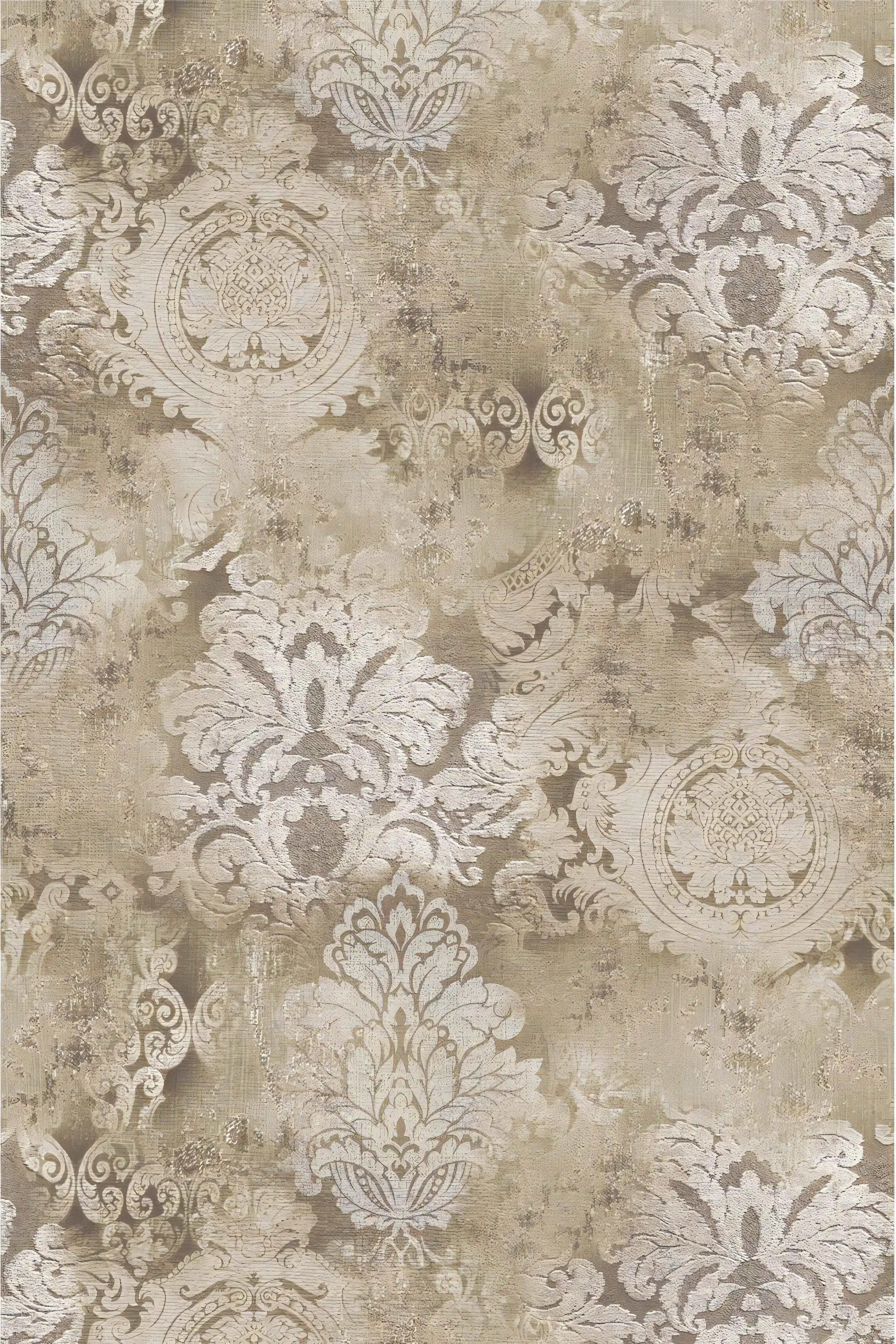 Decorative wallpaper with intricate patterns in beige and brown tones.