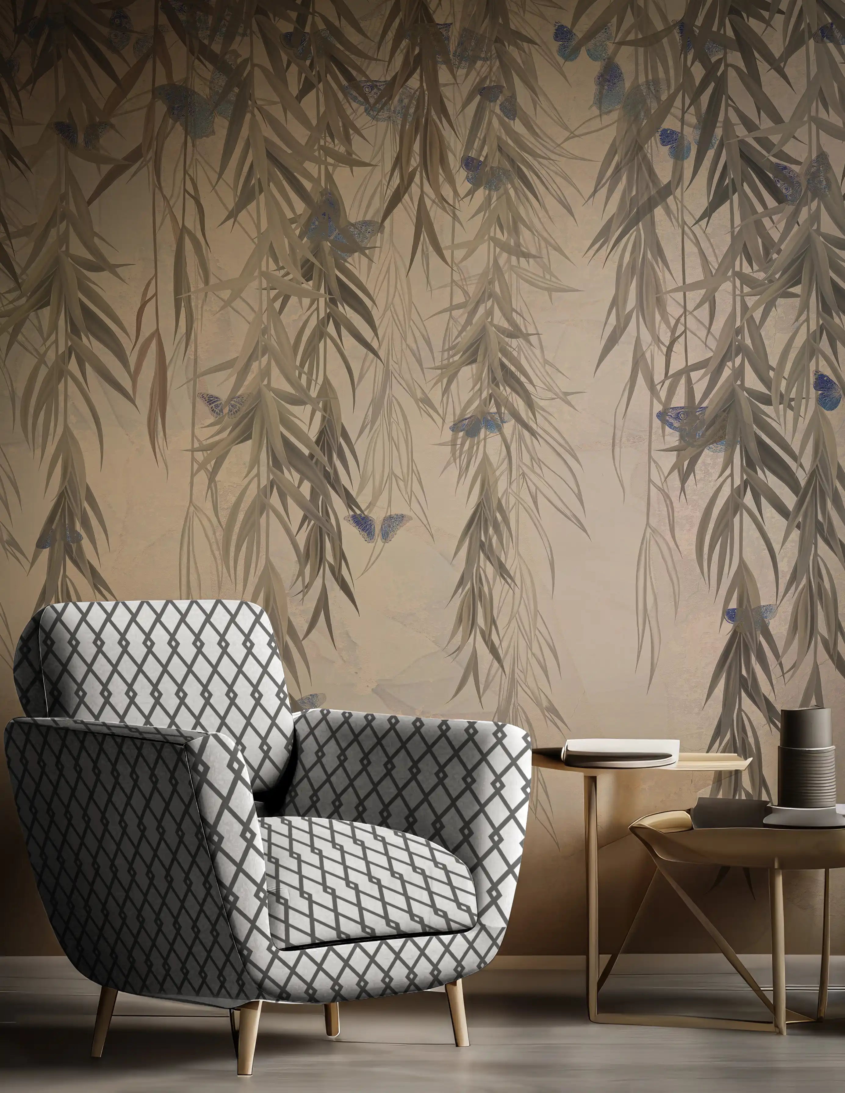 Patterned armchair in a room with decorative wallpaper and side table.