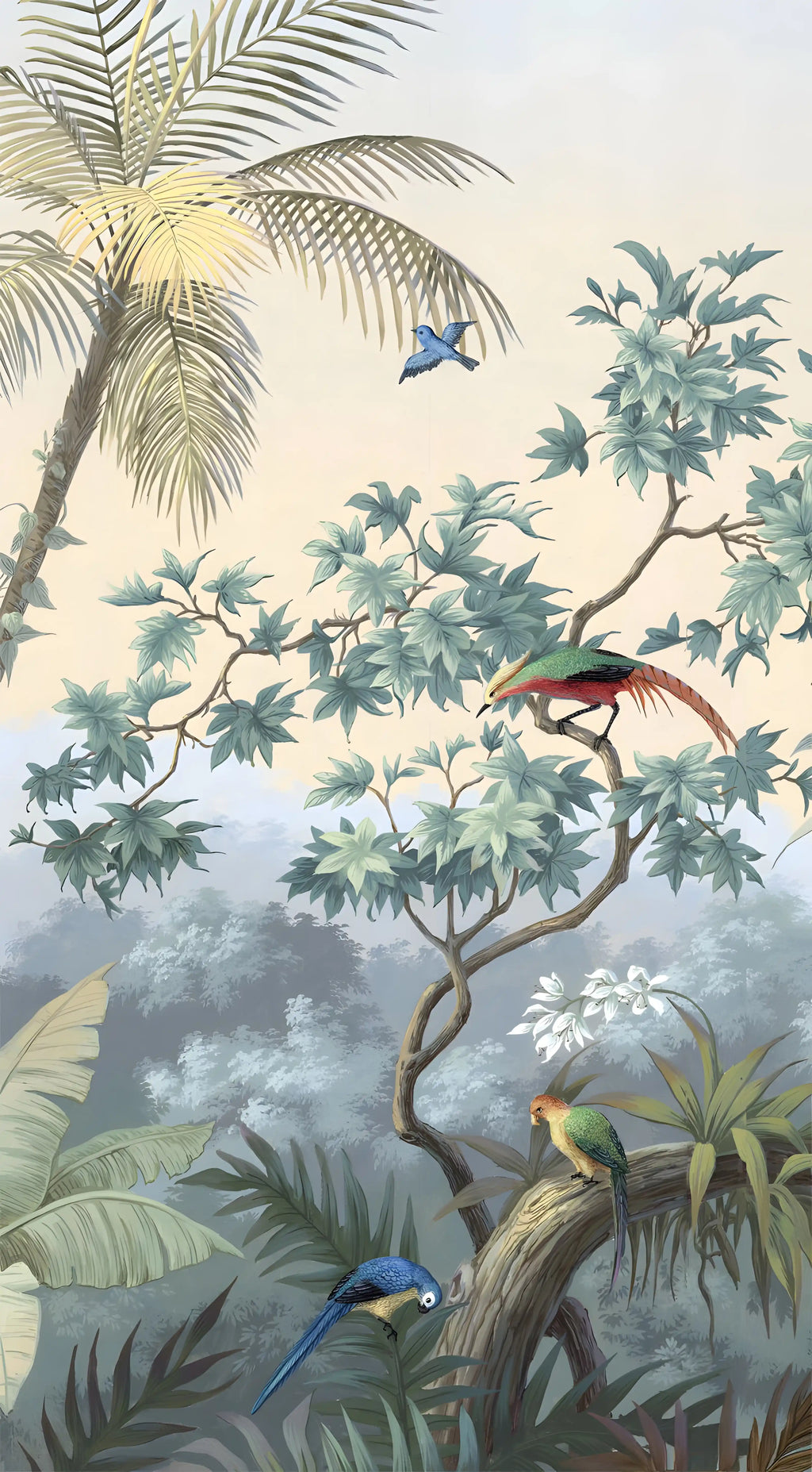 Illustration of tropical birds and foliage in a serene setting