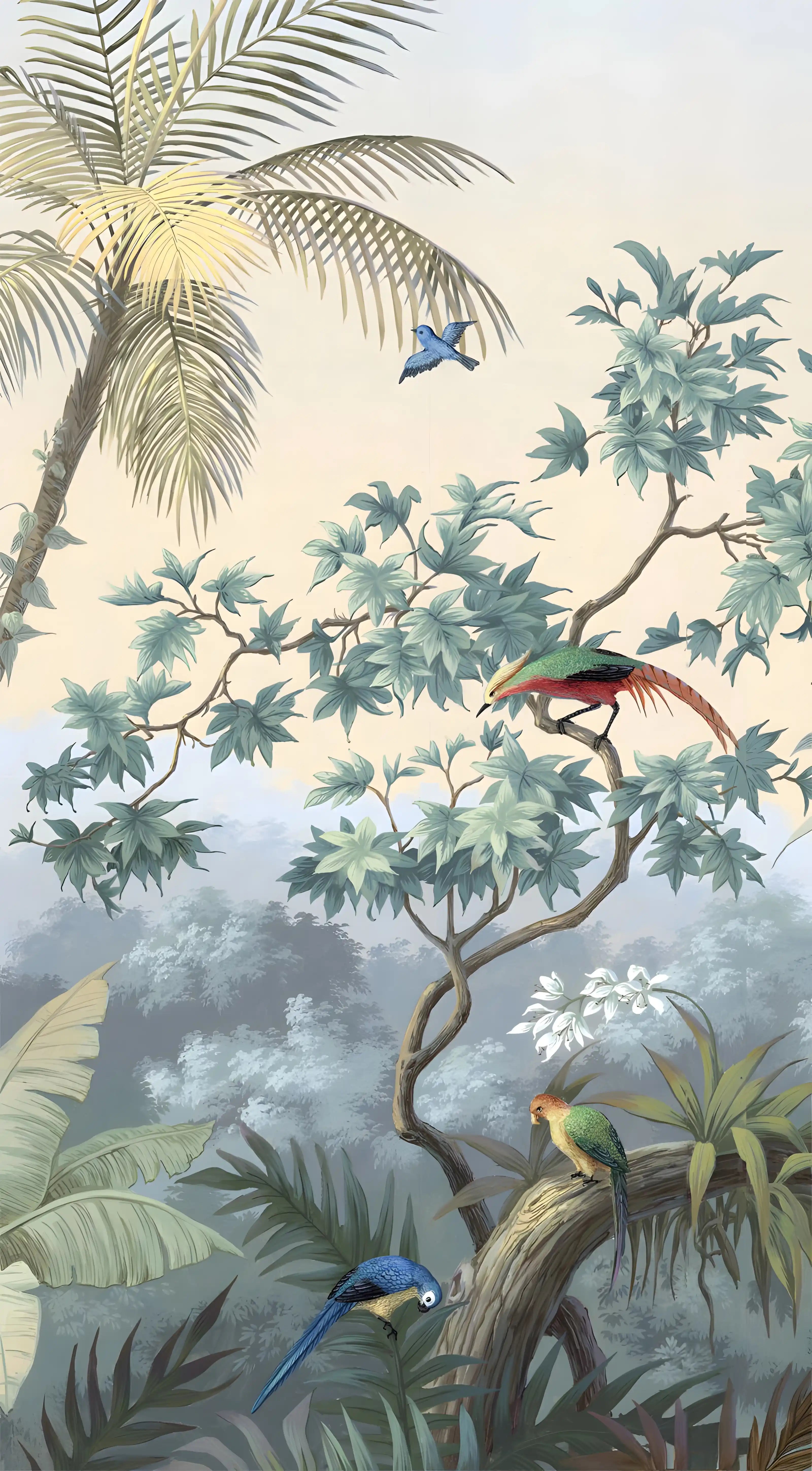 Illustration of tropical birds and foliage in a serene setting