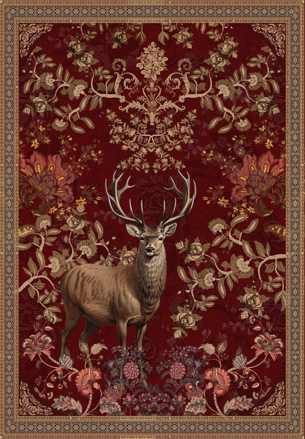 Decorative rug with a deer and floral patterns on a red background