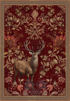 Decorative rug with a deer and floral patterns on a red background