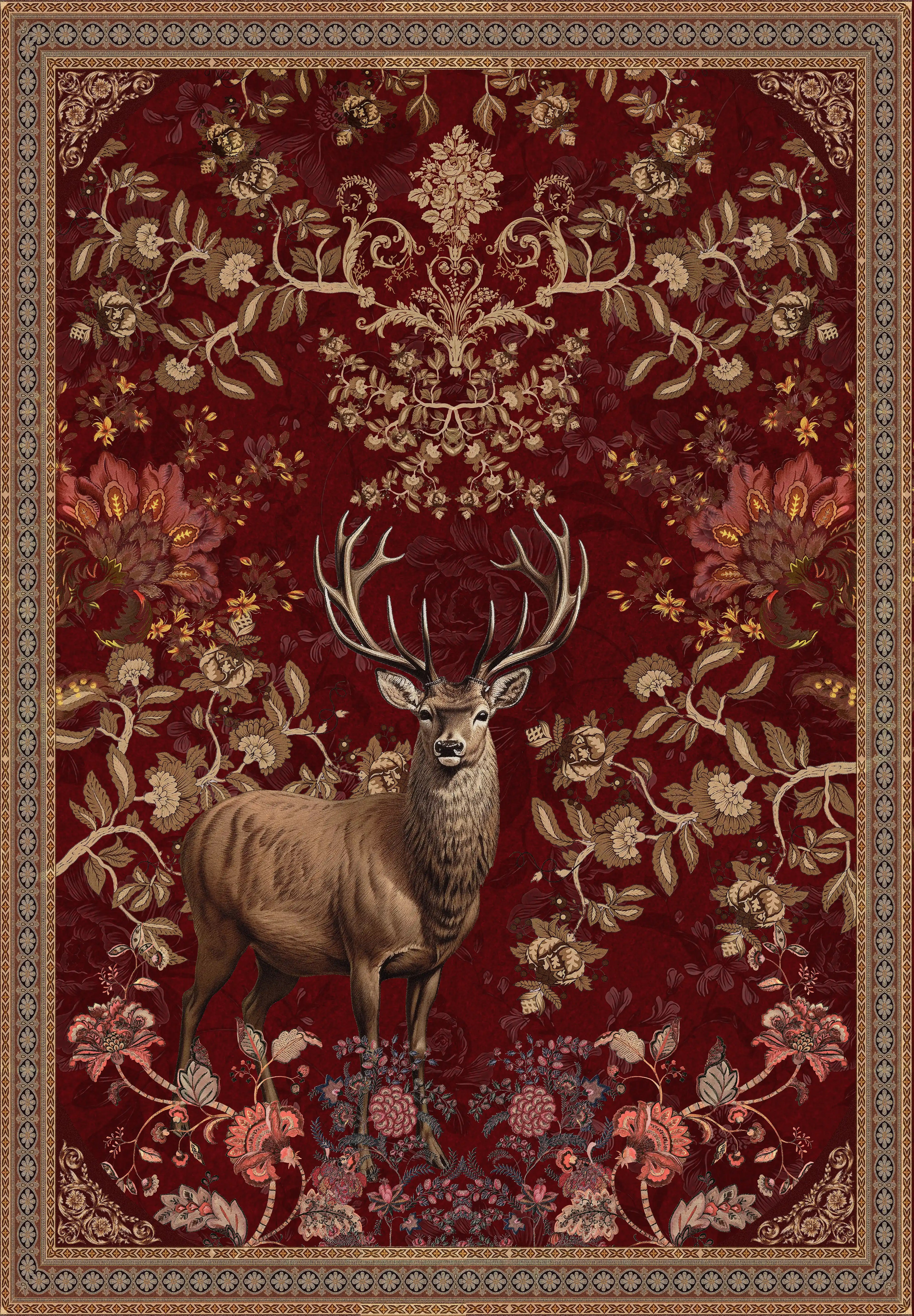 Decorative rug with a deer and floral patterns on a red background