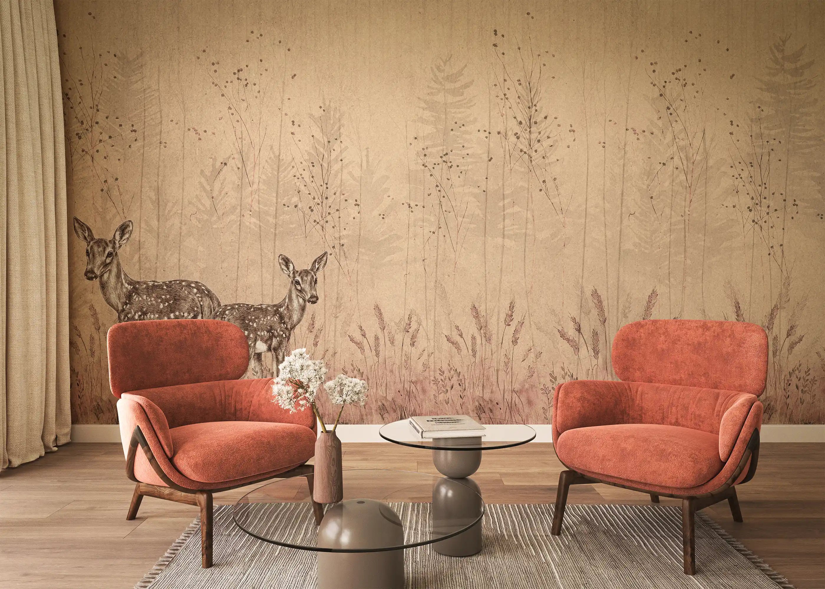 Two orange armchairs in a room with a decorative wall featuring deer and nature.
