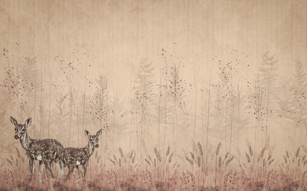 Two deer standing in a field with a textured beige background