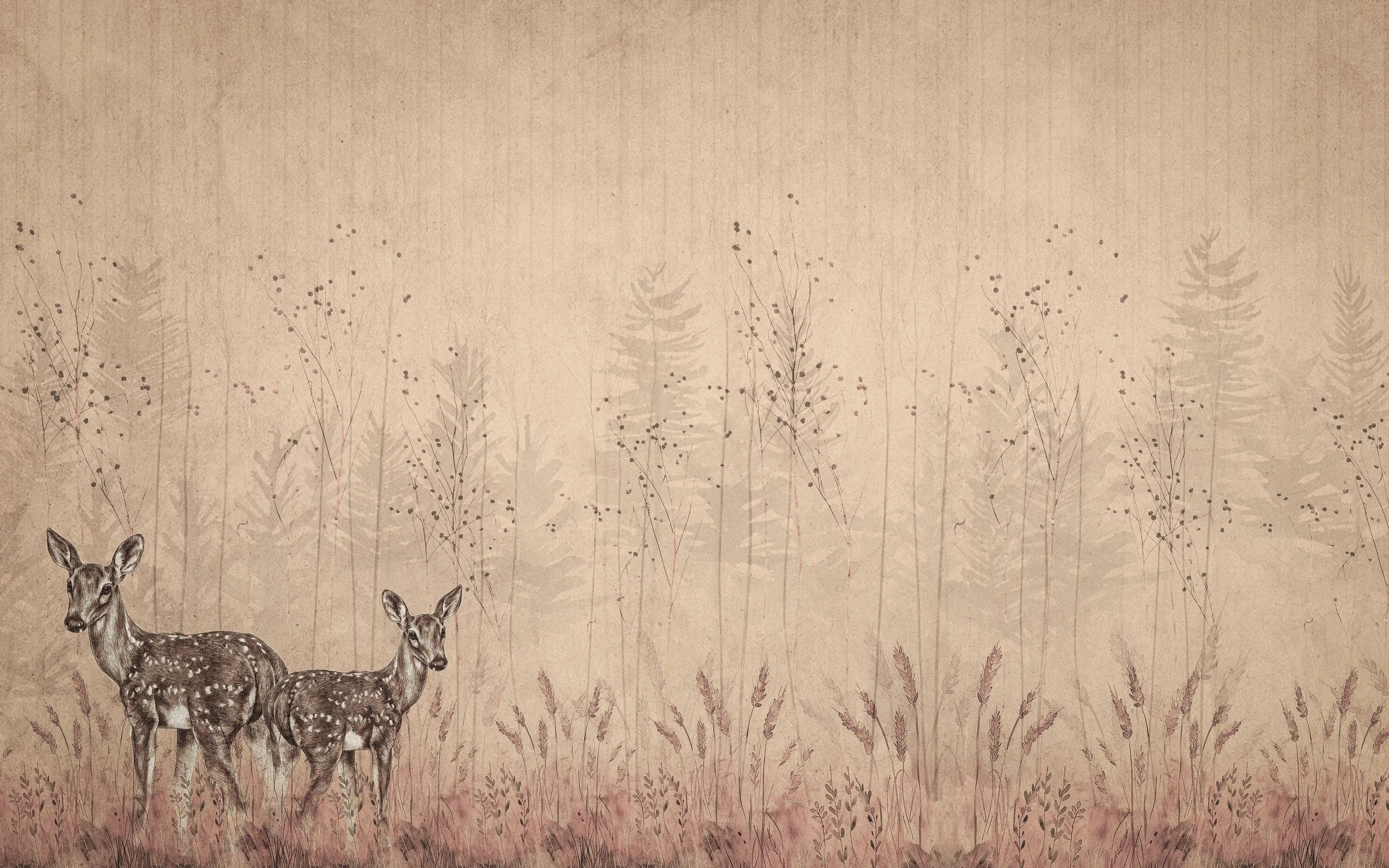 Two deer standing in a field with a textured beige background
