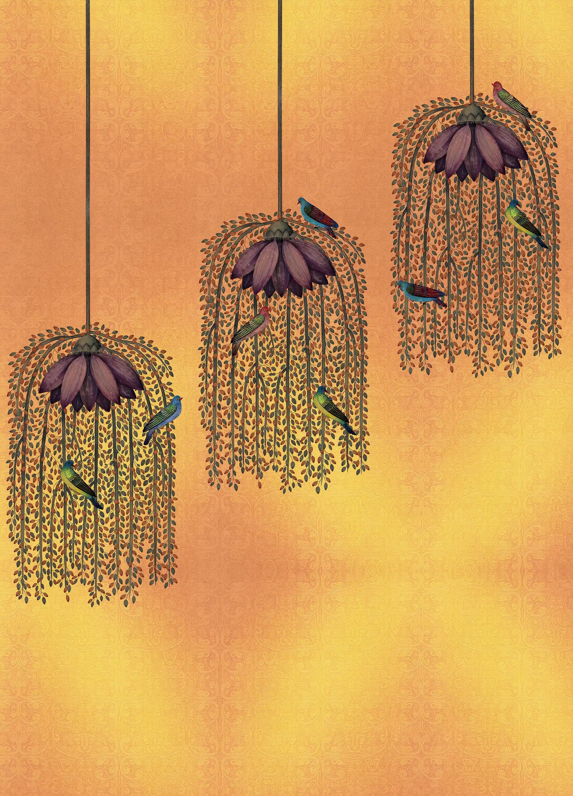 Artistic illustration of hanging plants with birds on a gradient background