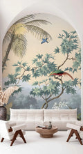 Wall mural with tropical birds and trees in a living room setting