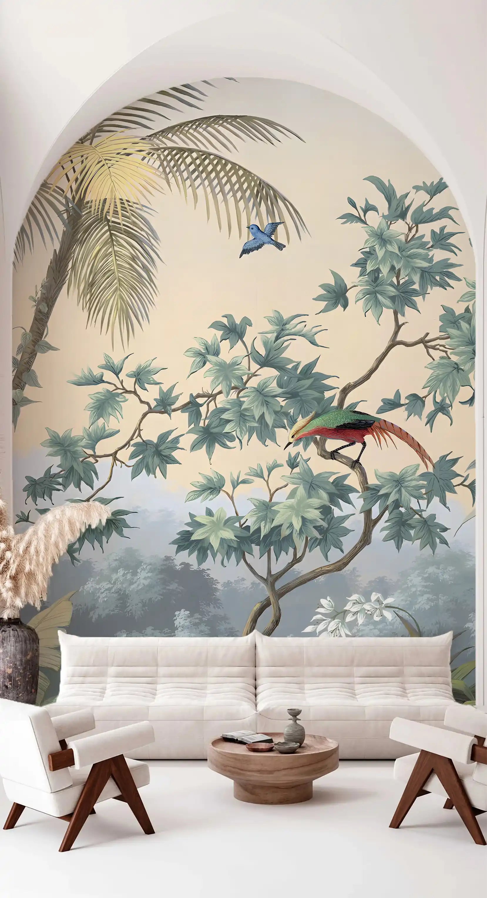 Wall mural with tropical birds and trees in a living room setting