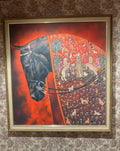 Framed artwork of a horse with intricate patterns and figures on a red background.