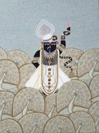 Artistic depiction of a figure in traditional attire with intricate jewelry on a textured background