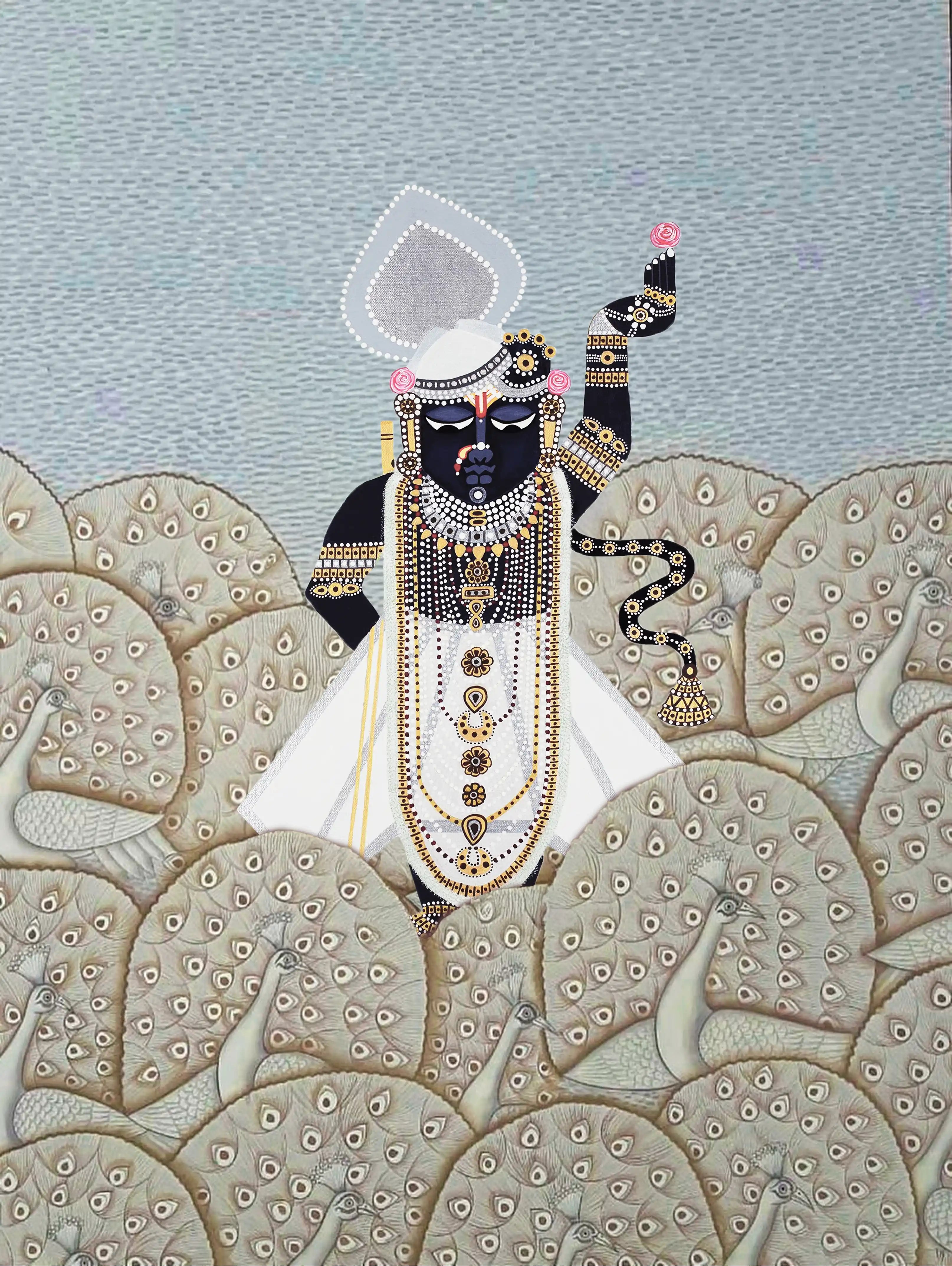 Artistic depiction of a figure in traditional attire with intricate jewelry on a textured background