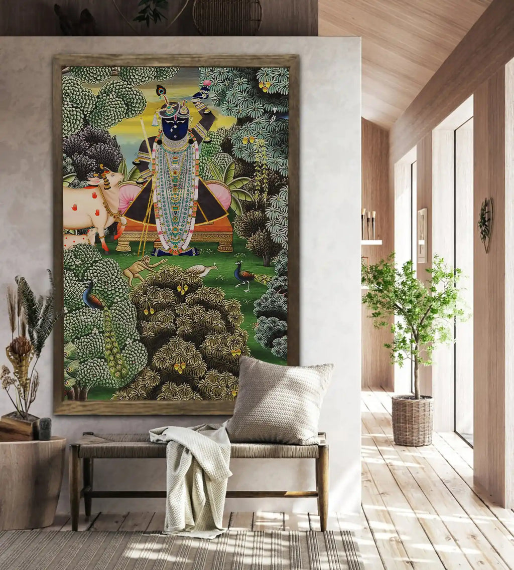 Decorative painting of a central figure with animals in a natural setting, framed and displayed in a room.