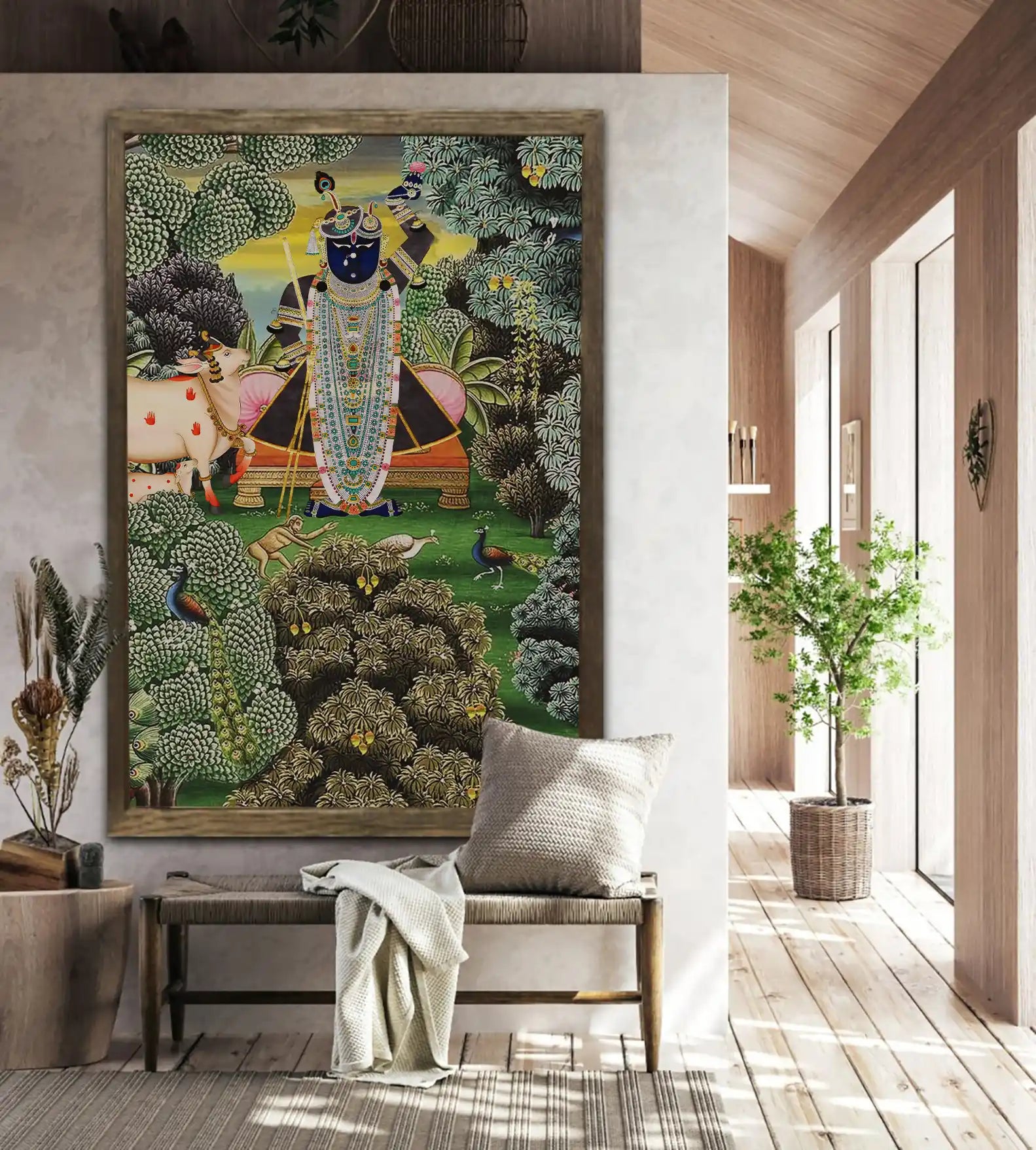 Decorative painting of a central figure with animals in a natural setting, framed and displayed in a room.