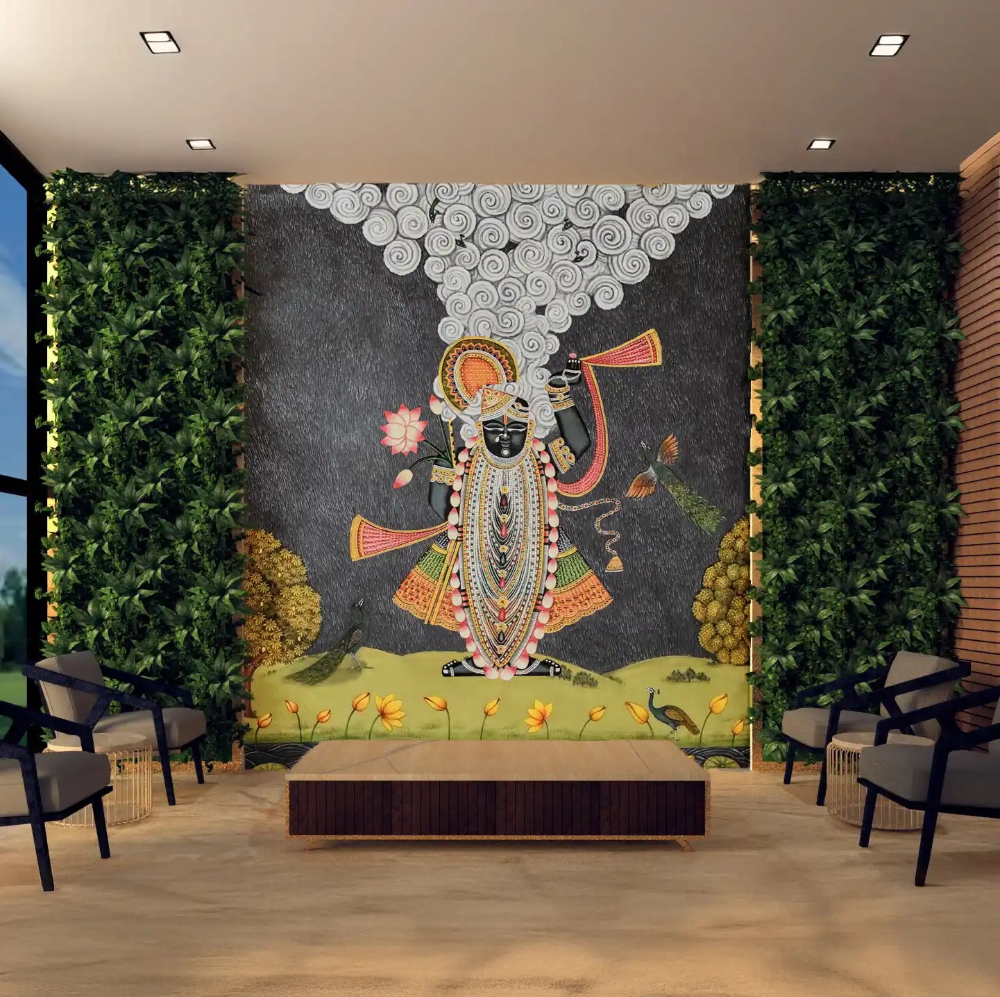 Decorative wall mural of a神灵 figure in a modern room with greenery.