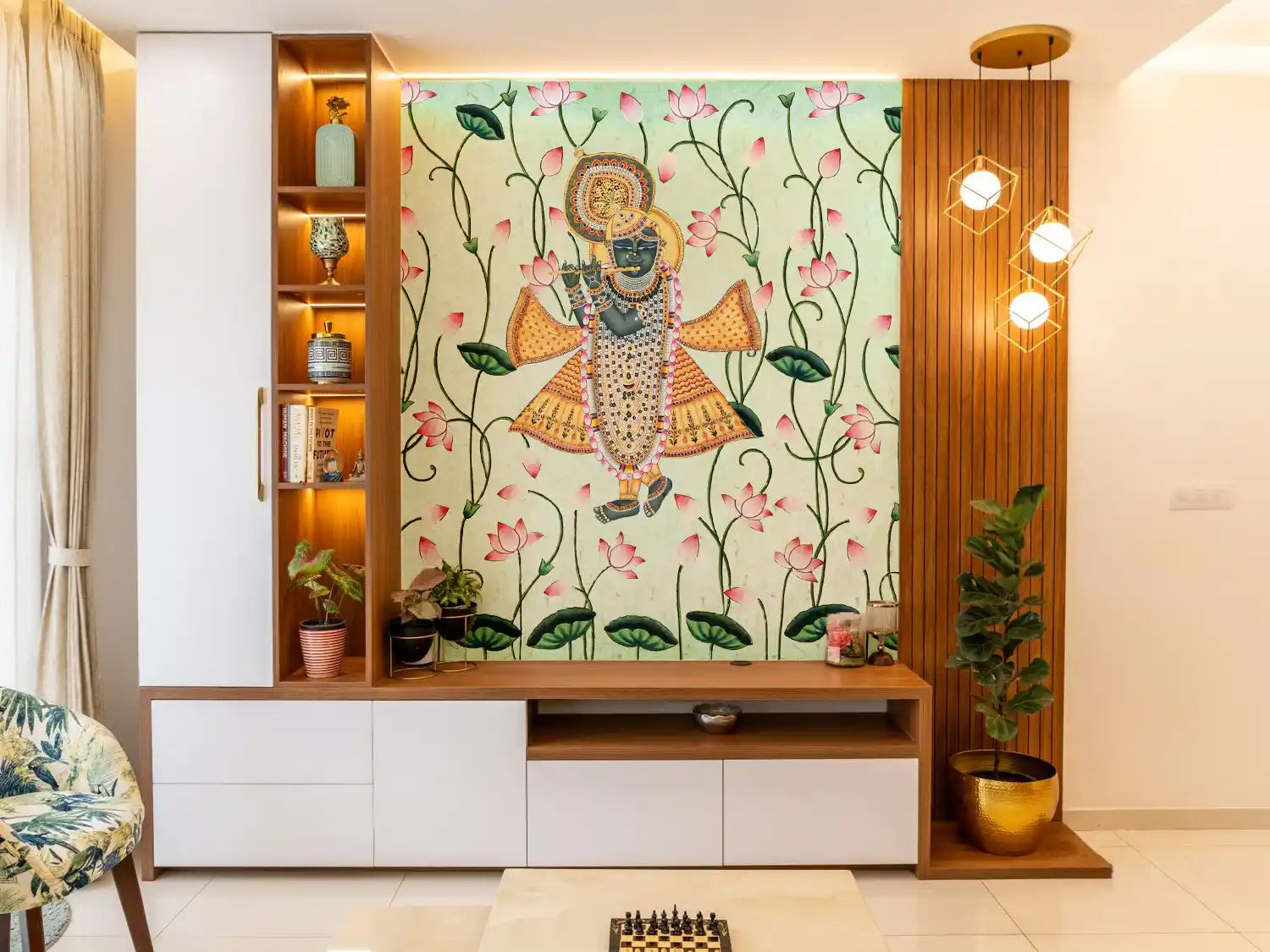 Decorative wall mural with a woman and floral design in a living room setting.