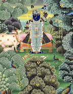 Decorative illustration of a deity in a forest setting with animals and nature elements.