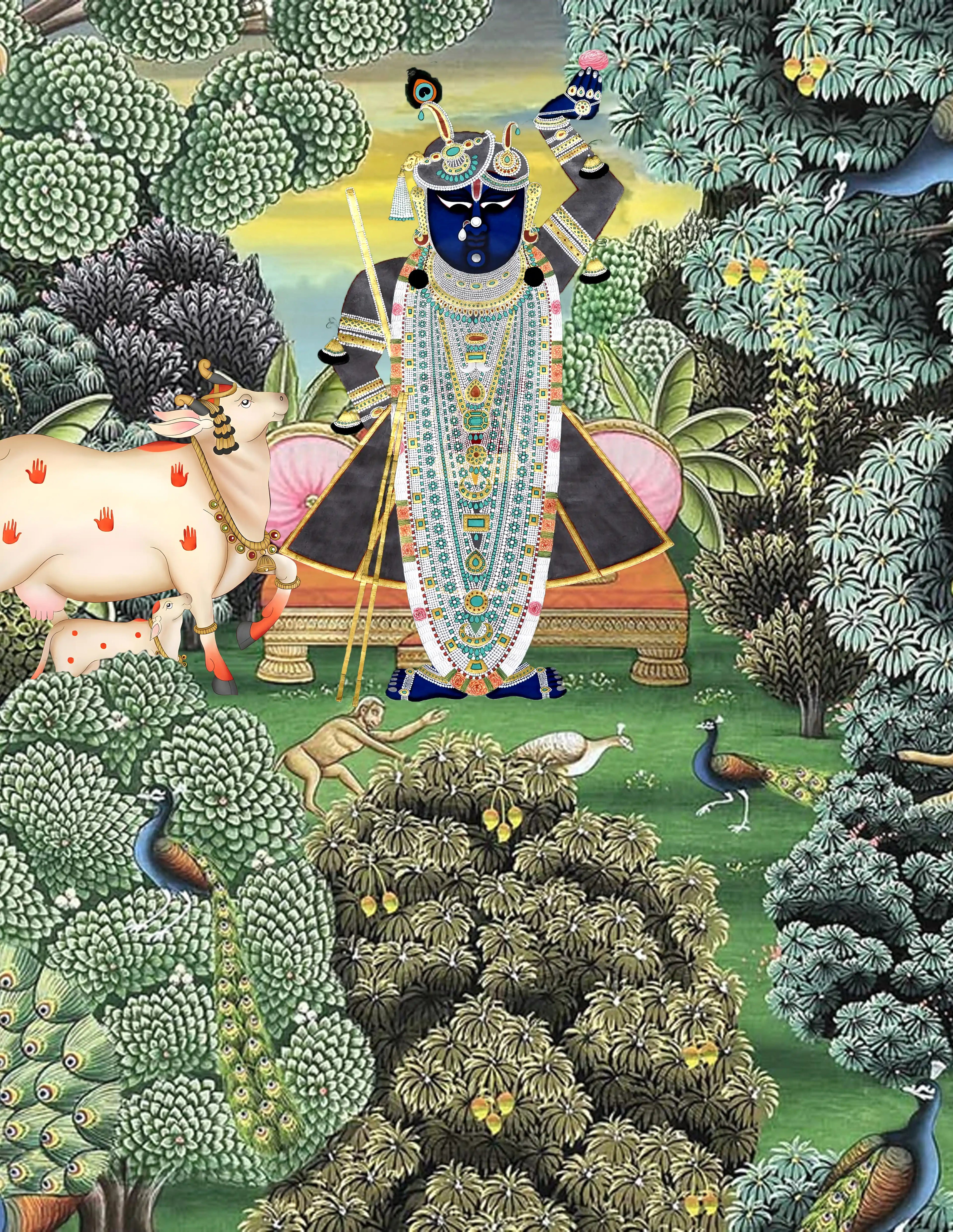 Decorative illustration of a deity in a forest setting with animals and nature elements.