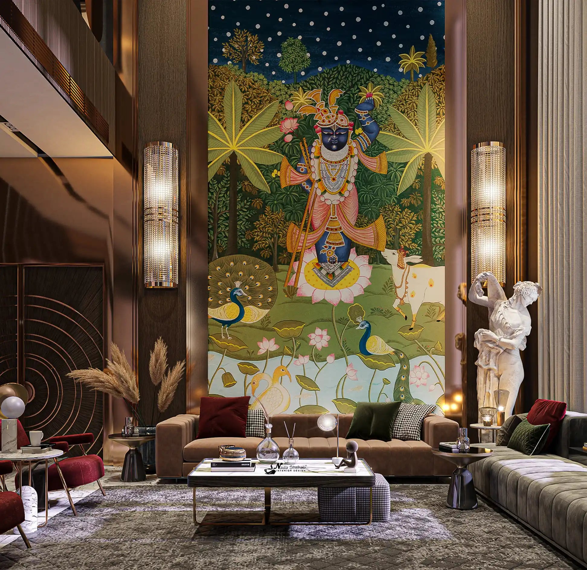 Luxurious living room with a large wall mural of a deity, surrounded by modern decor.