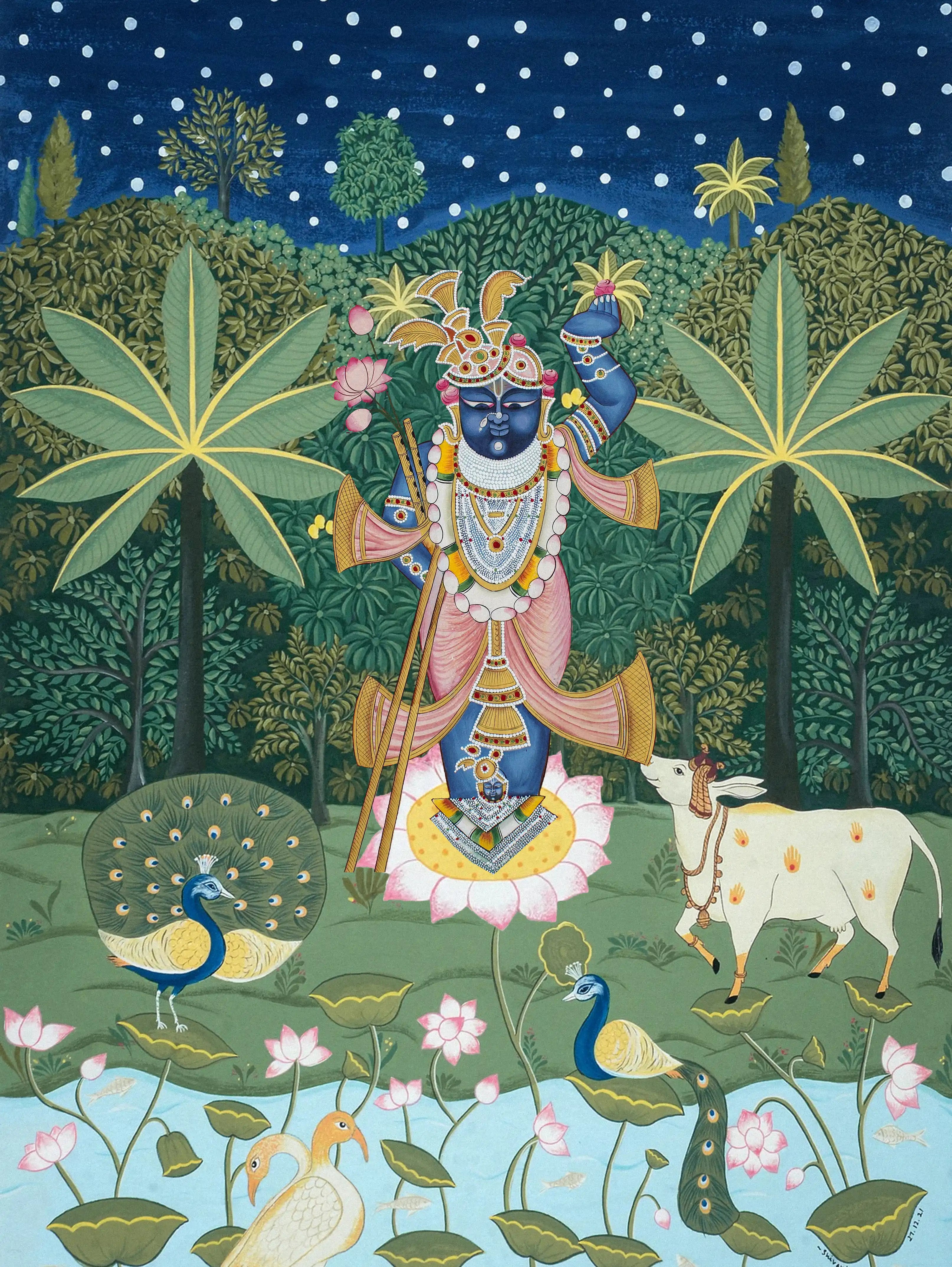 Painting of a deity surrounded by nature elements like trees, flowers, and animals.