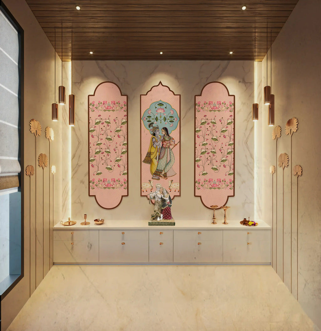 Decorative wall art with floral and figurine designs in a modern interior setting.