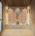 Decorative wall art with floral and figurine designs in a modern interior setting.