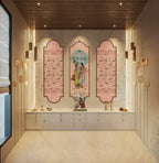 Decorative wall art with floral and figurine designs in a modern interior setting.