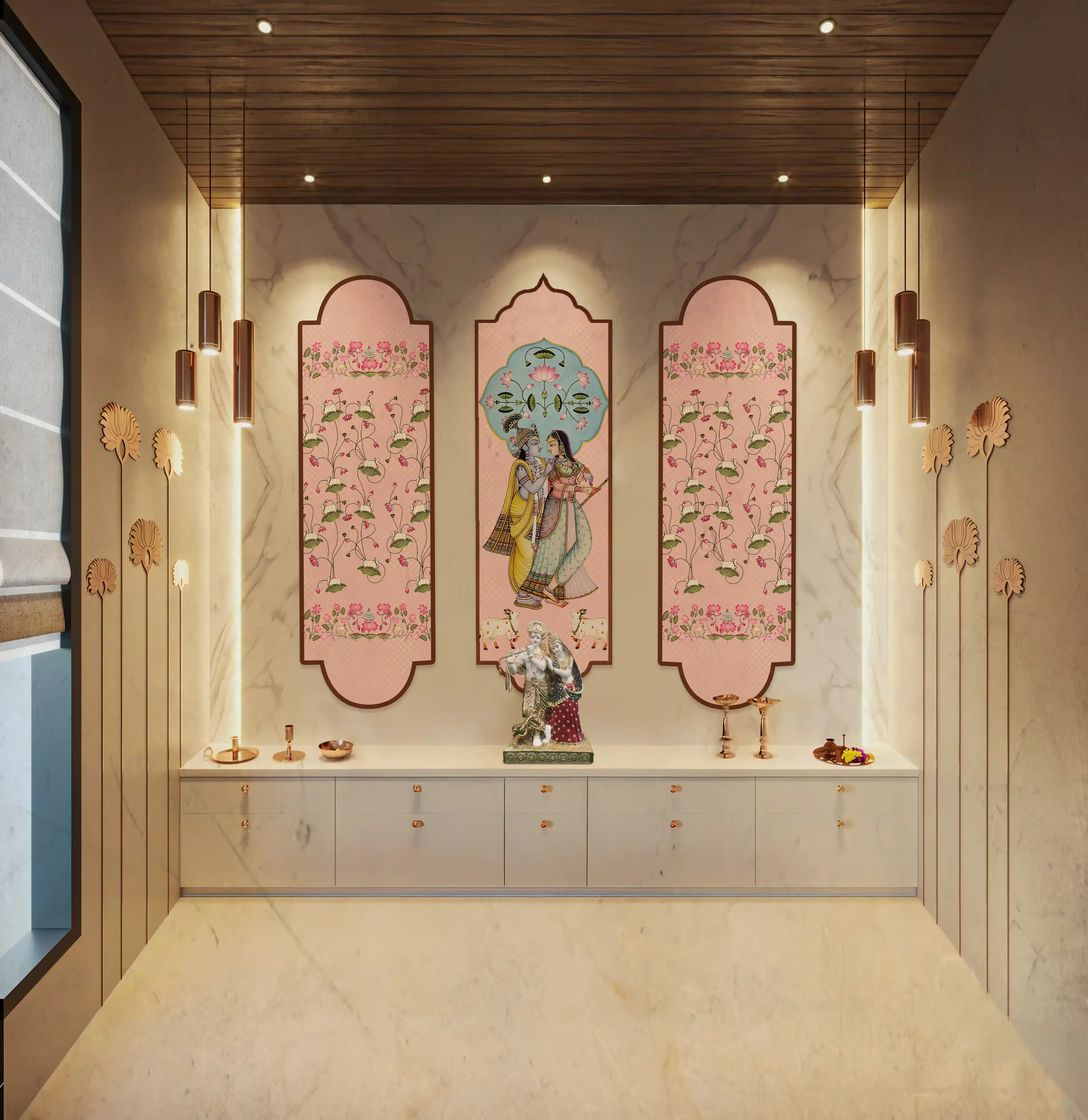 Decorative wall art with floral and figurine designs in a modern interior setting.
