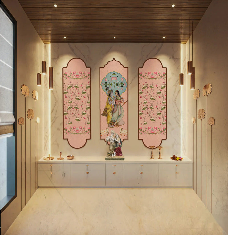 Decorative wall art with floral and figurine designs in a modern interior setting.