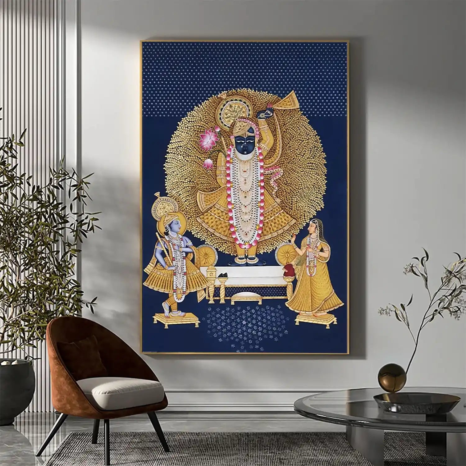 Decorative wall art of a religious figure in a living room setting