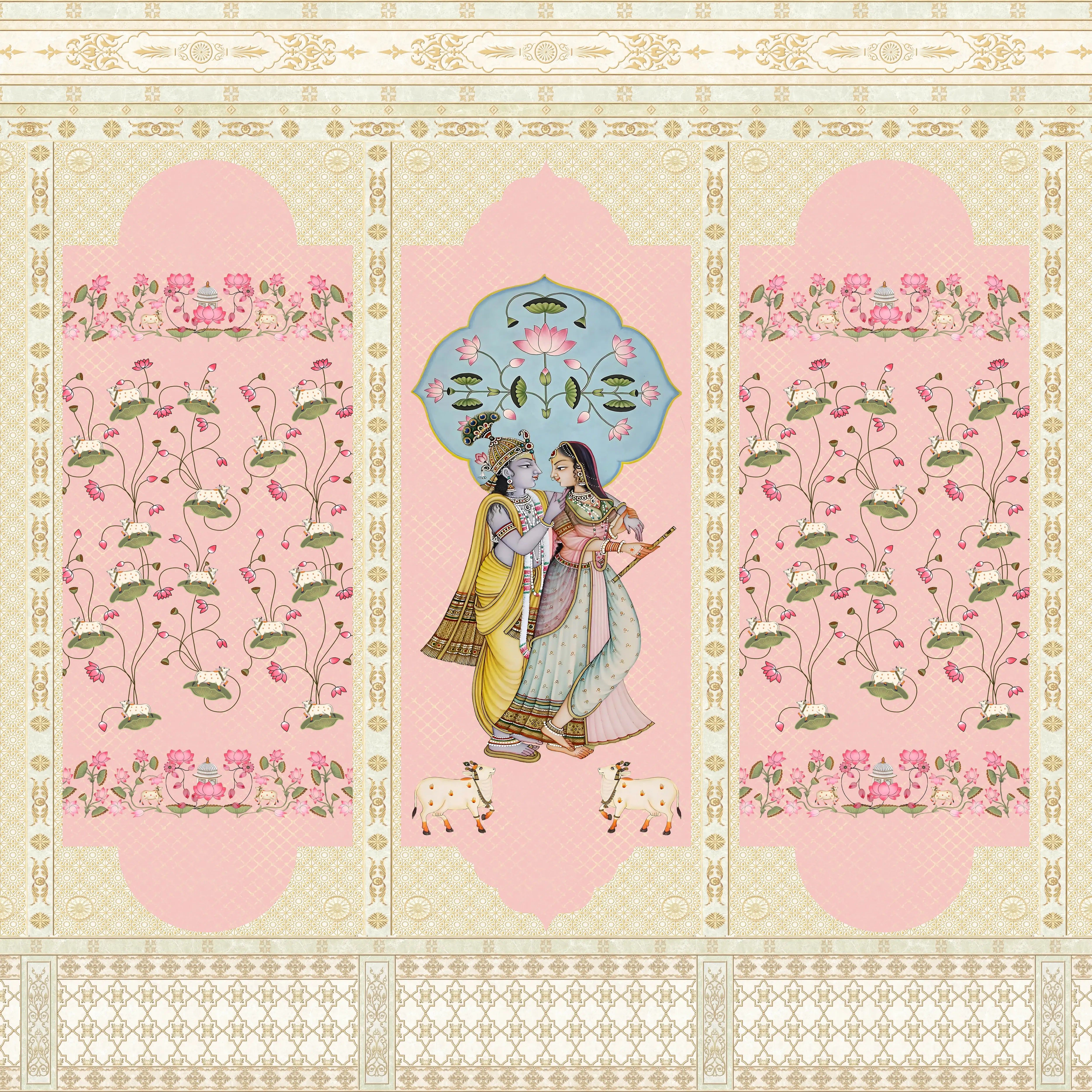 Decorative panel with a couple and floral elements on a pink background