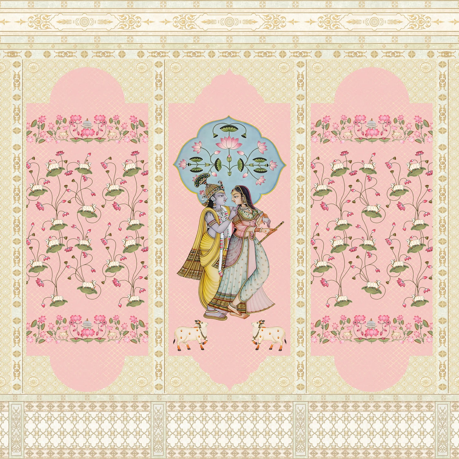 Decorative panel with a couple and floral elements on a pink background