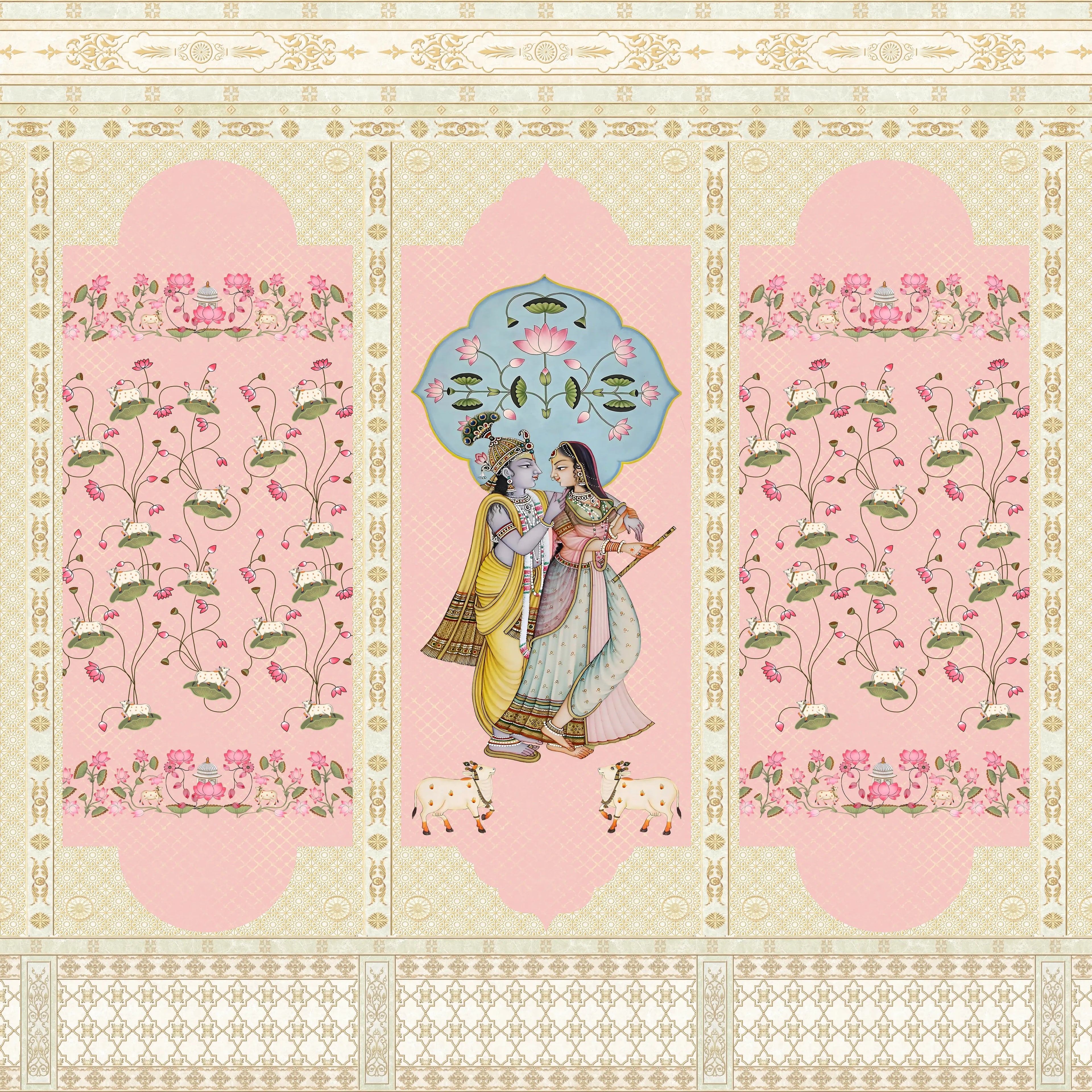 Decorative panel with a couple and floral elements on a pink background