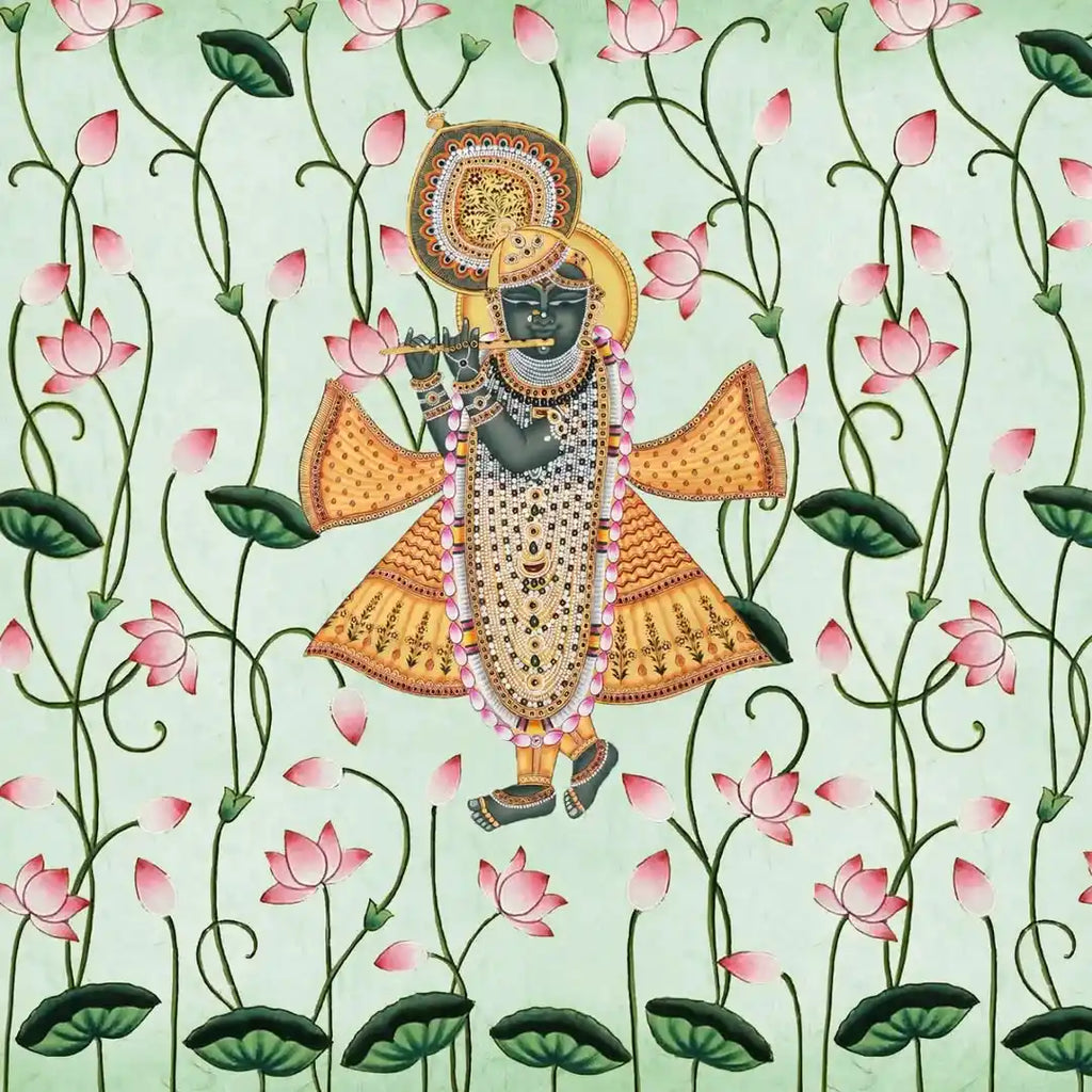 Decorative illustration of a figure in traditional attire with lotus flowers on a light green background