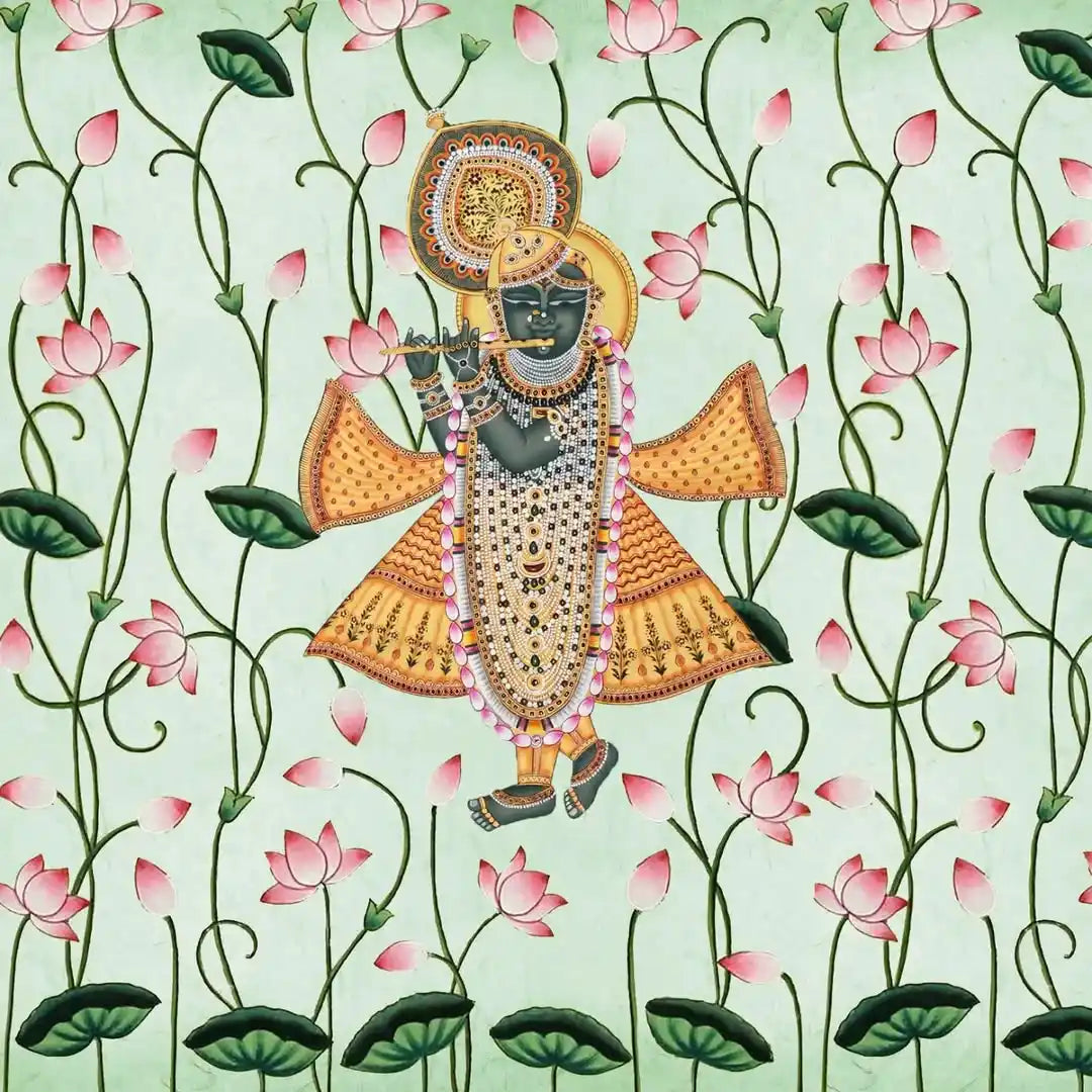 Decorative illustration of a figure in traditional attire with lotus flowers on a light green background